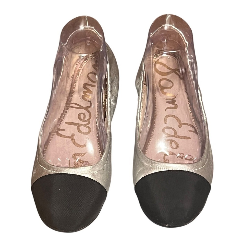Sam Edelman FRALEY Silver Leather Ballet Flats With Black Cap Toe Size 9‎ M